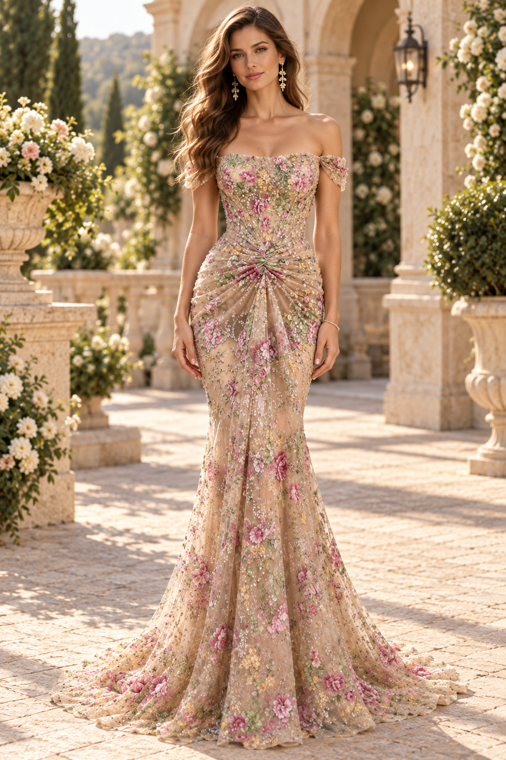 Floral Embroidered Off-the-Shoulder Mermaid Gown