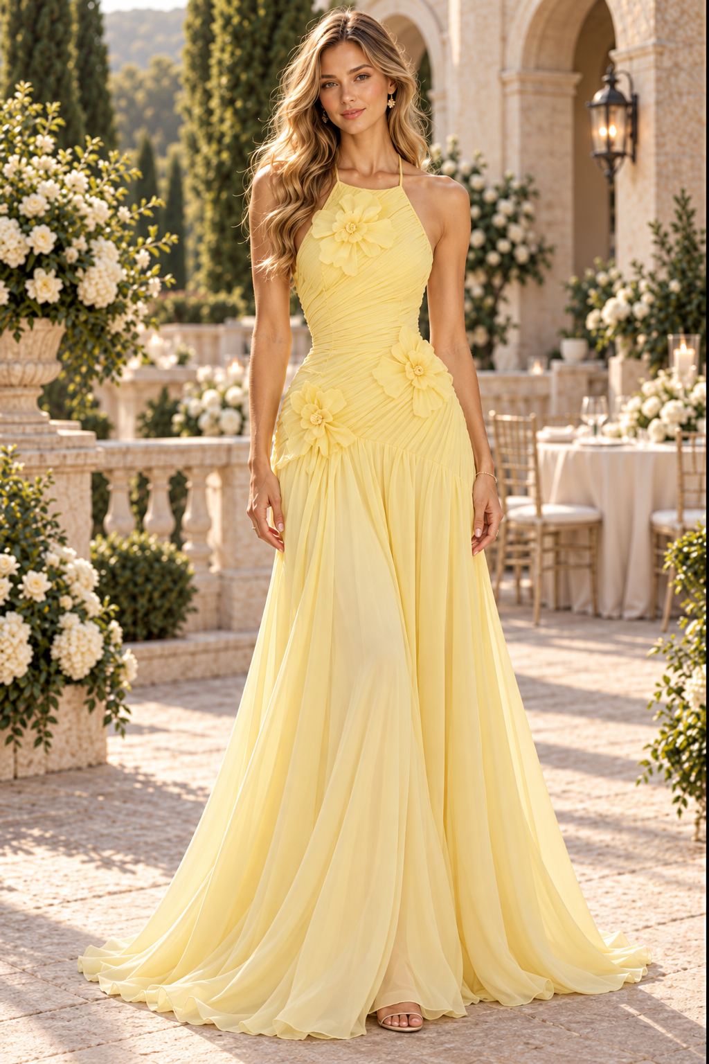 Halter Floral Applique Ruched Evening Gown