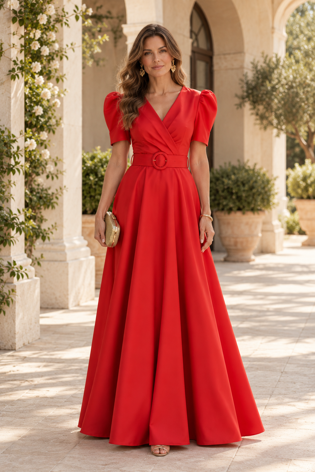 Puff Sleeve V-Neck Belted A-Line Gown