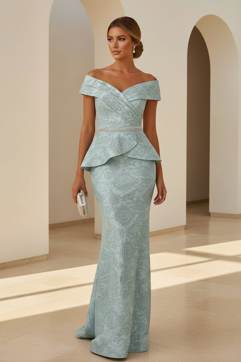 Schulterfreies Meerjungfrauenkleid aus Jacquard mit Schößchen
