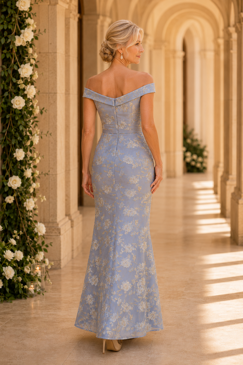 Blumiges Jacquard schulterfreies Trompetenkleid