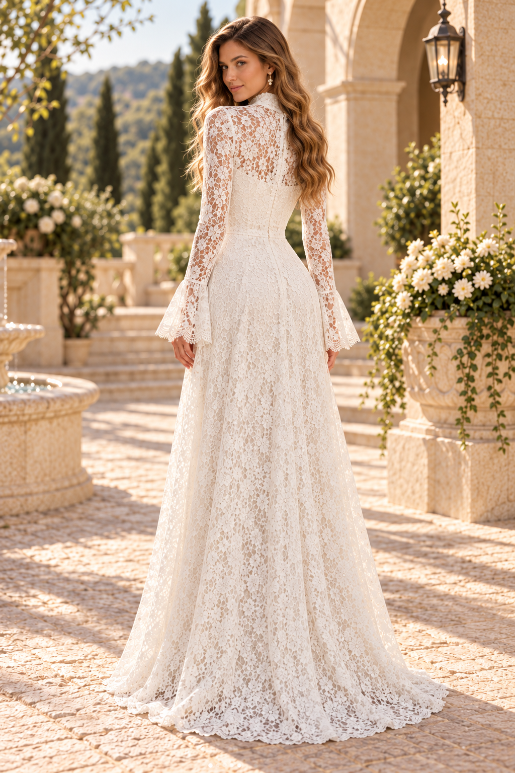 High Neck Lace A-Line Gown with Bell Sleeves