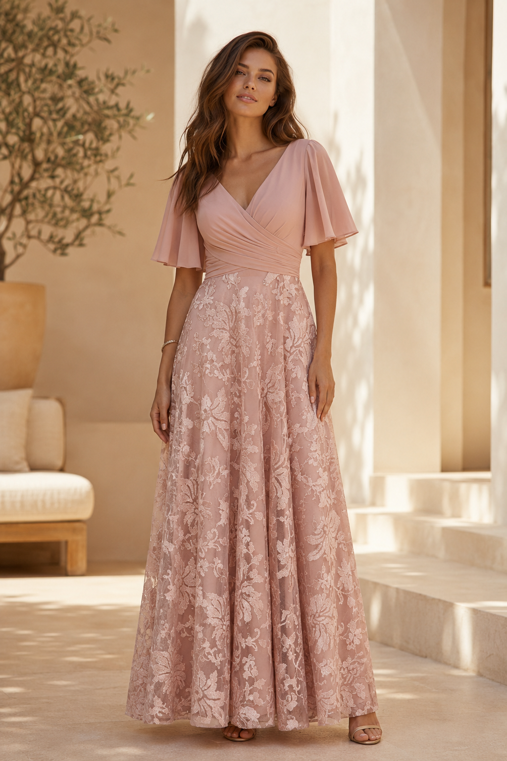 Maxikleid aus Spitze mit Volantärmeln und plissiertem Oberteil