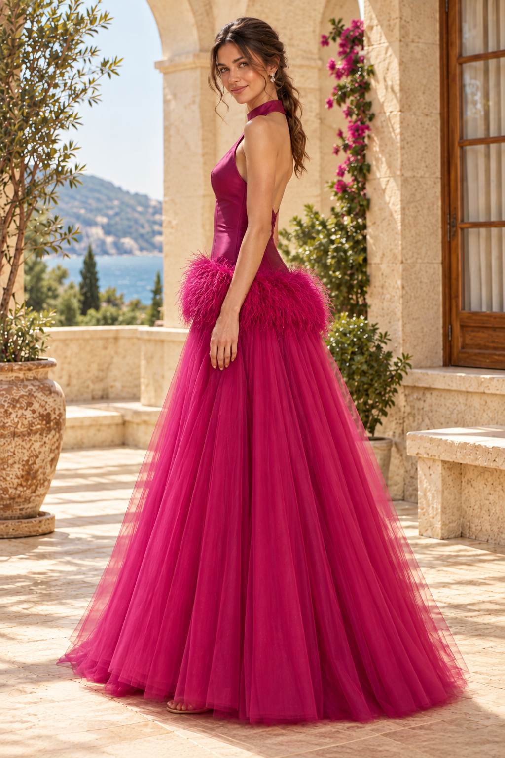 Halter Feather Trim Tulle Ball Gown