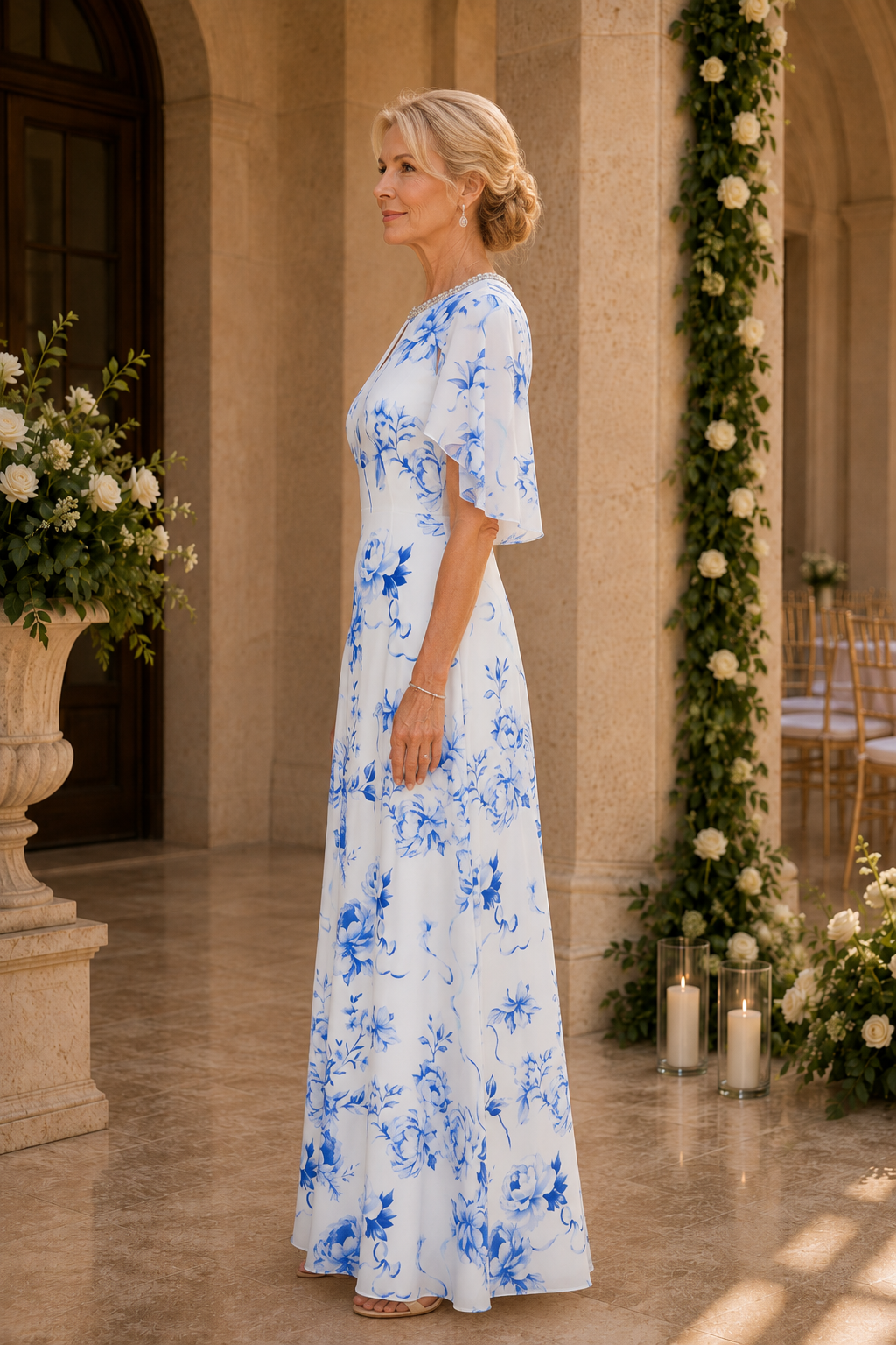Florales A-Linien-Kleid mit Flügelärmeln und Perlenhals