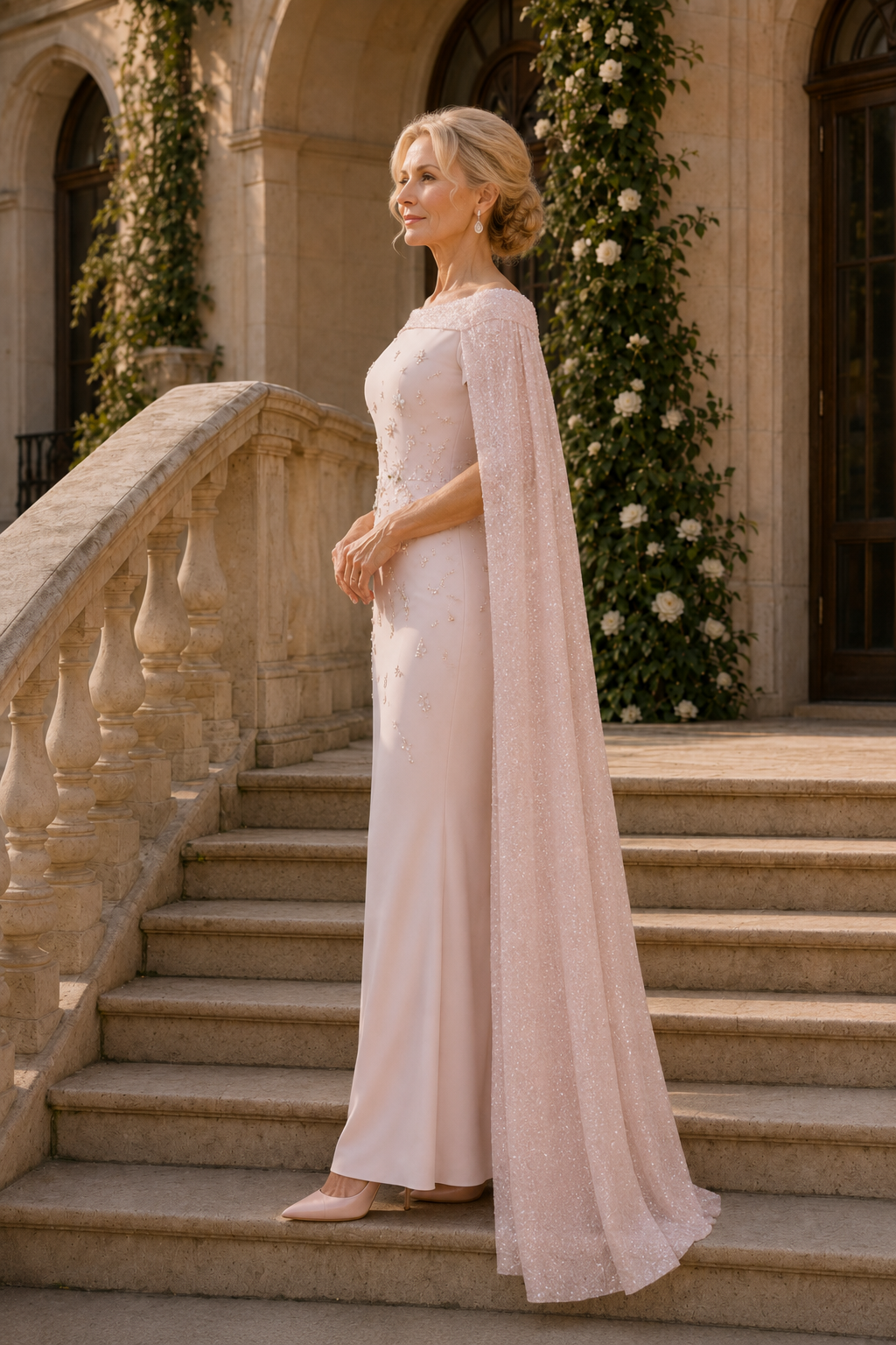Säulenkleid mit Perlenstickerei und schimmerndem Umhang