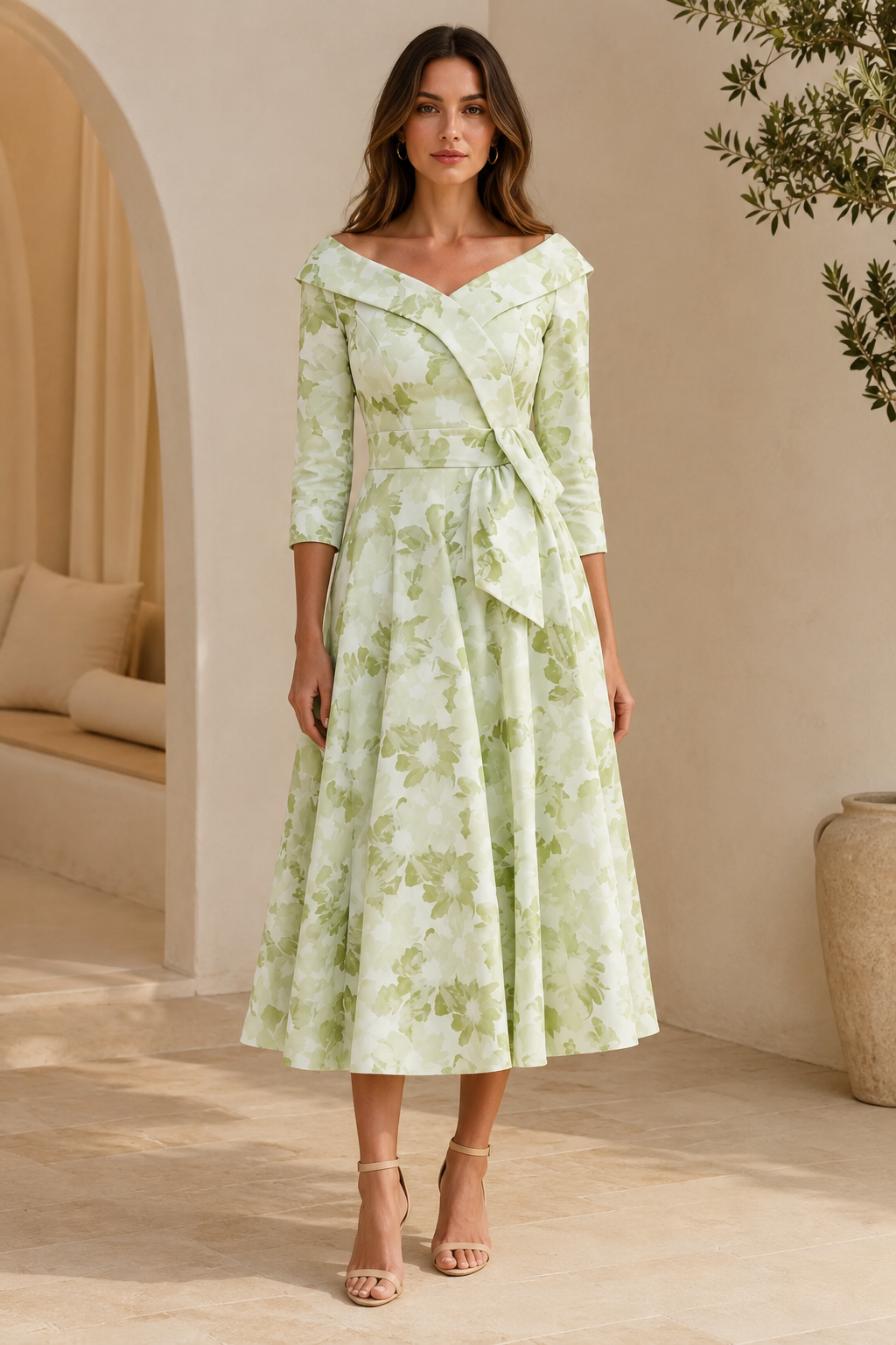 Geblümtes schulterfreies A-Linien-Midikleid mit 3/4-Ärmeln