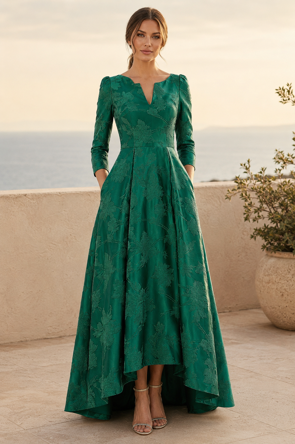 Florales Jacquard-High-Low-A-Linien-Kleid mit Taschen