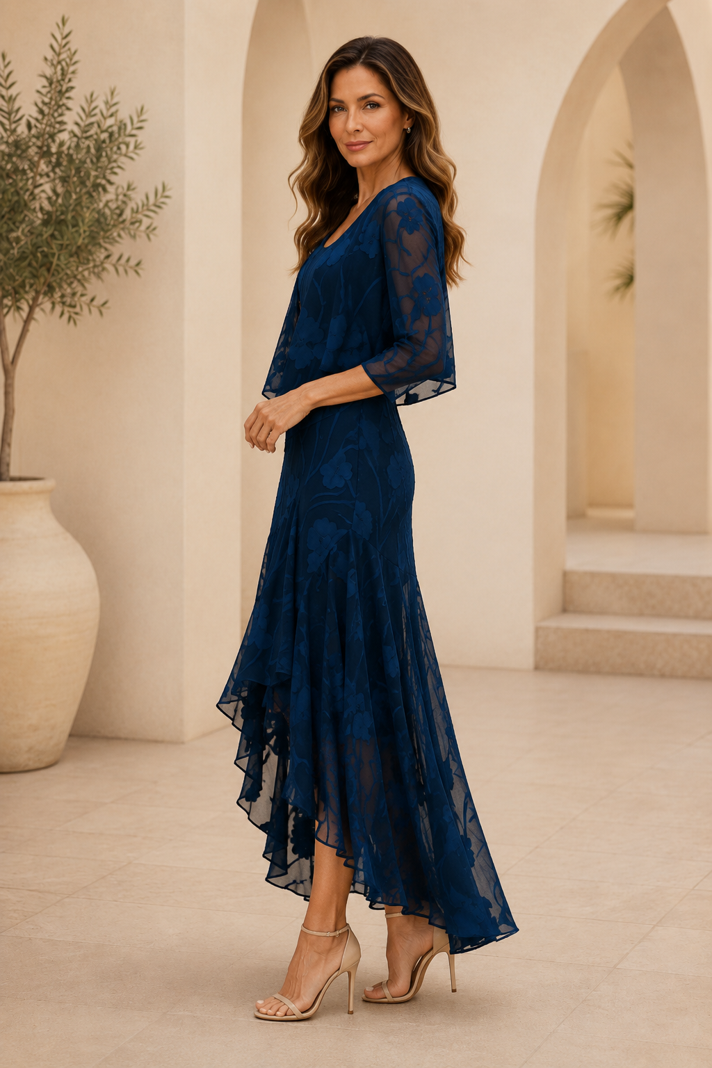 Geblümtes High-Low-Kleid mit passendem Jacken-Set