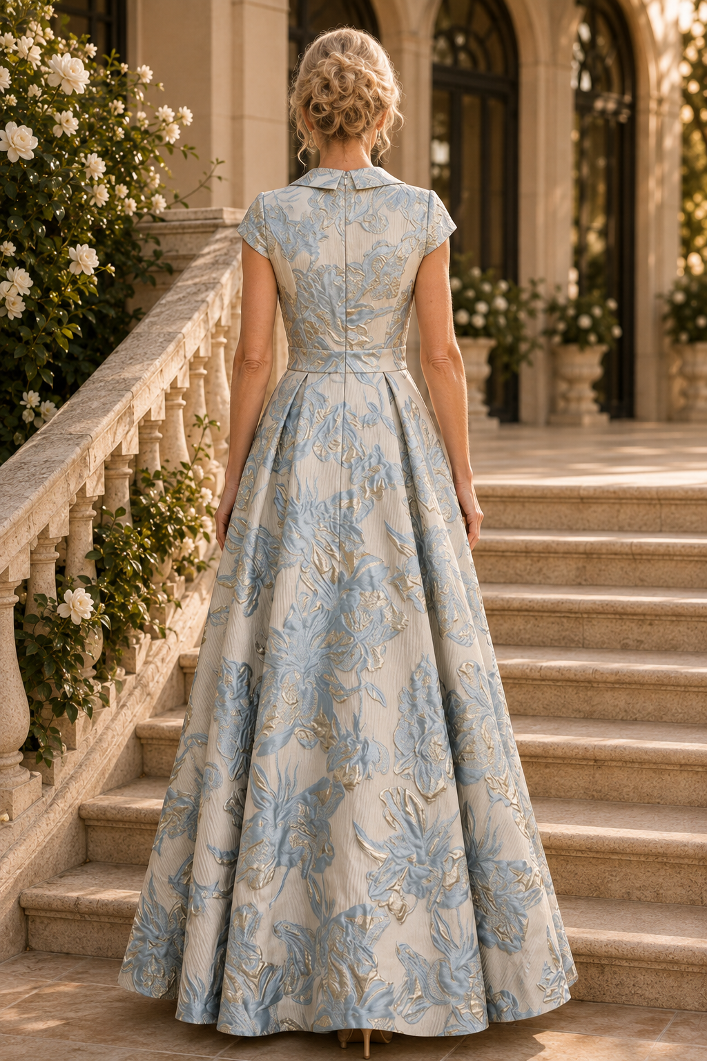Geblümtes Jacquard-Kleid mit Kappärmeln und A-Linie