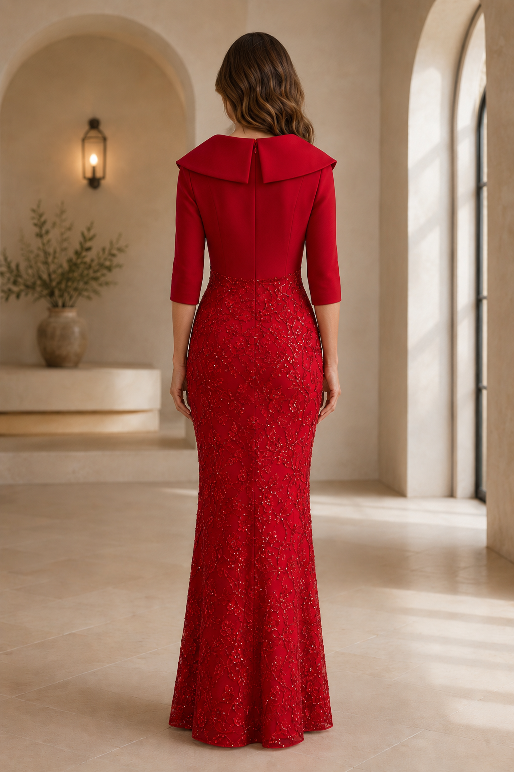 Abendkleid im Meerjungfrauen-Stil mit 3/4-Ärmeln und Porträtkragen