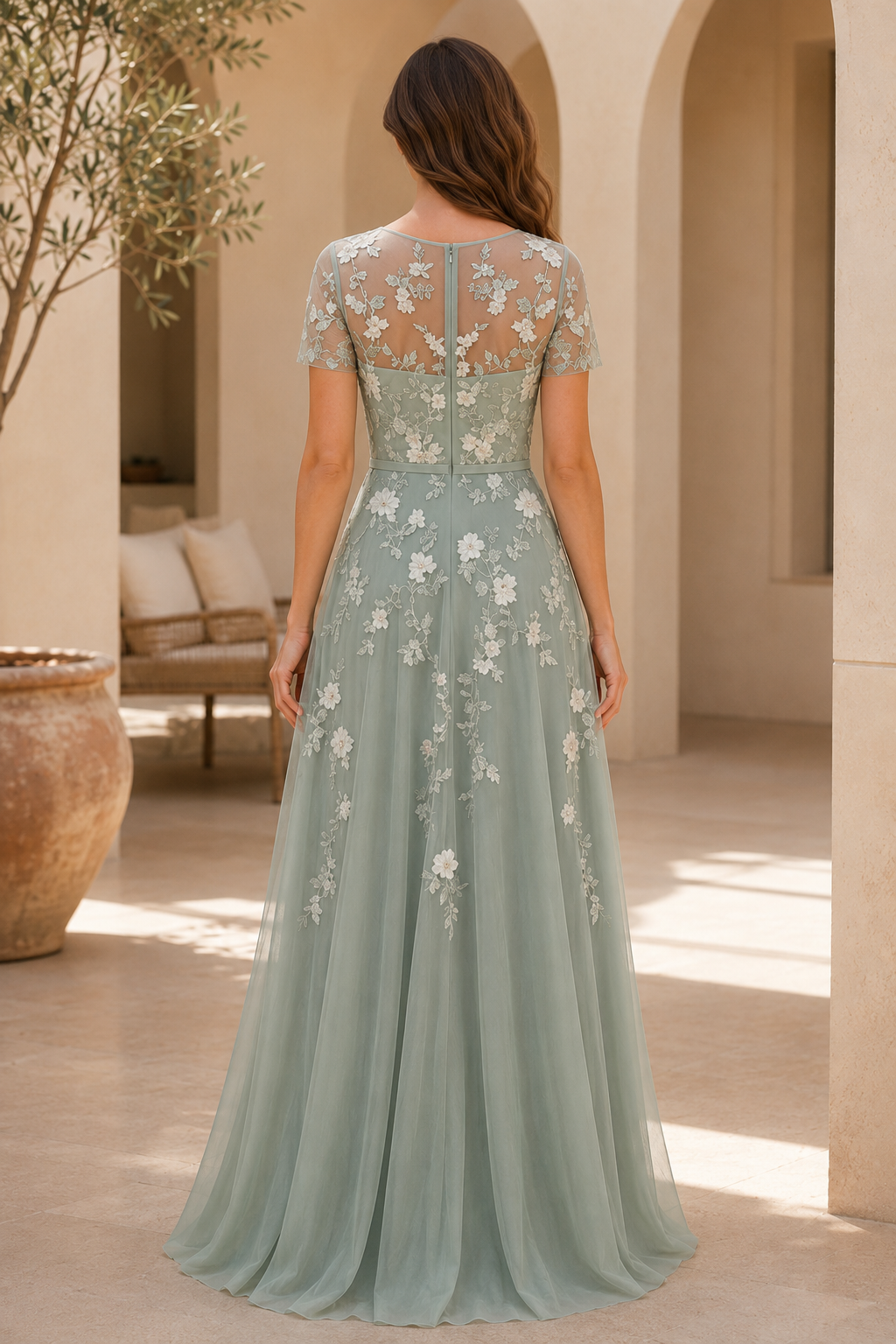 Besticktes Blumen-Maxikleid in A-Linie mit Illusionseffekt