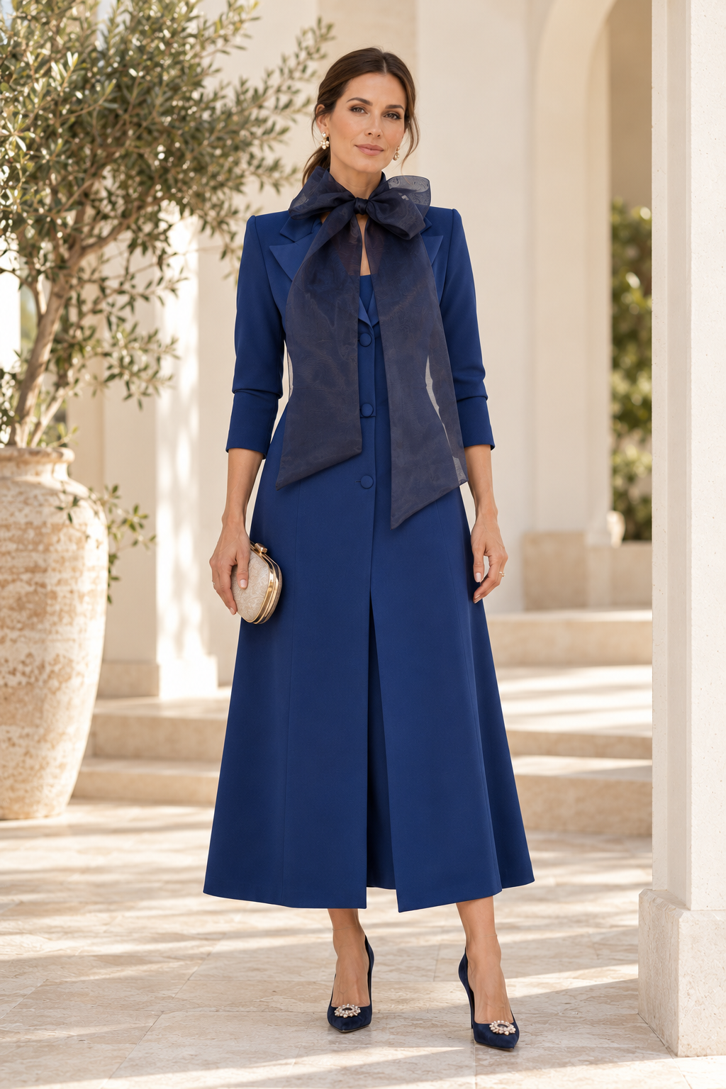 Tailored A-Line Coat Dress with Sheer Neck Bow