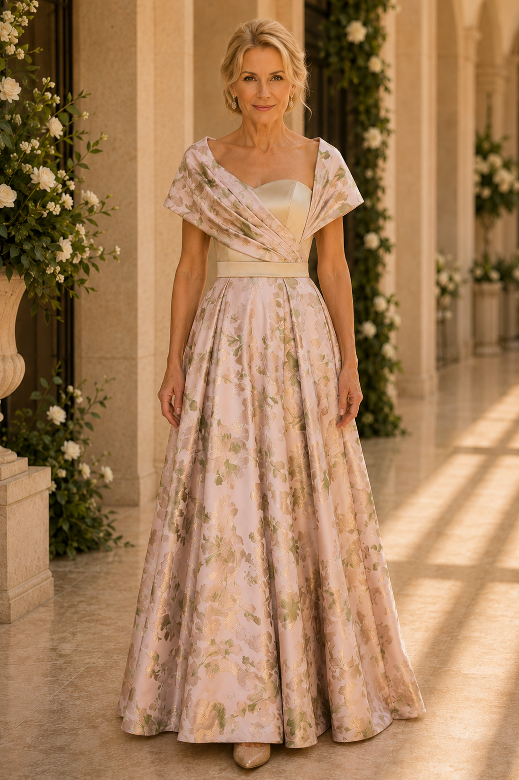 Florales Jacquard-A-Linien-Kleid mit drapiertem Ausschnitt