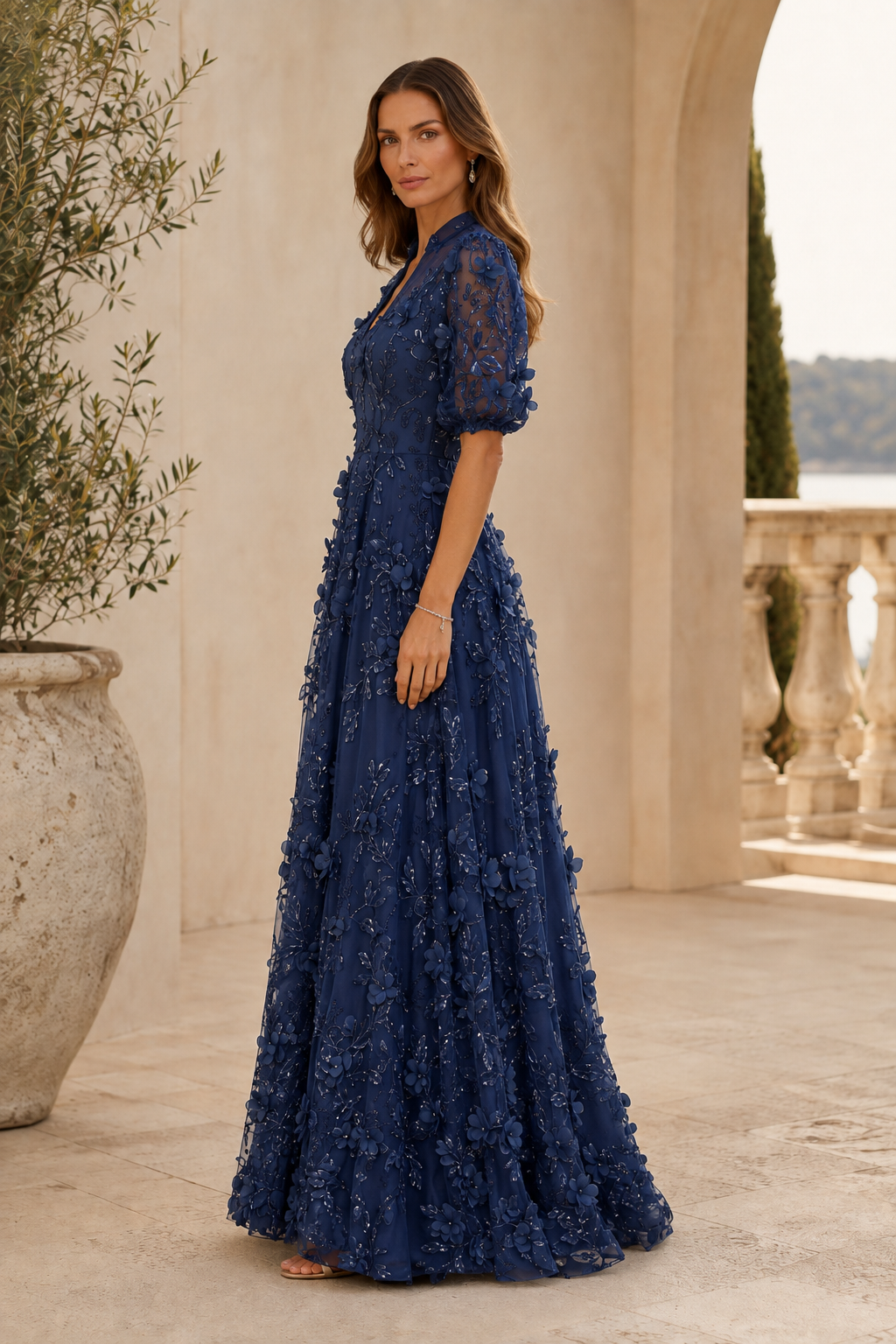 Florales 3D-Applikations-Illusion-A-Linien-Abendkleid