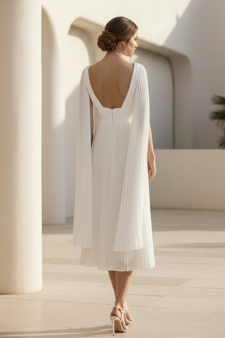 Plissiertes Midi-Kleid mit V-Ausschnitt und Cape-Ärmeln