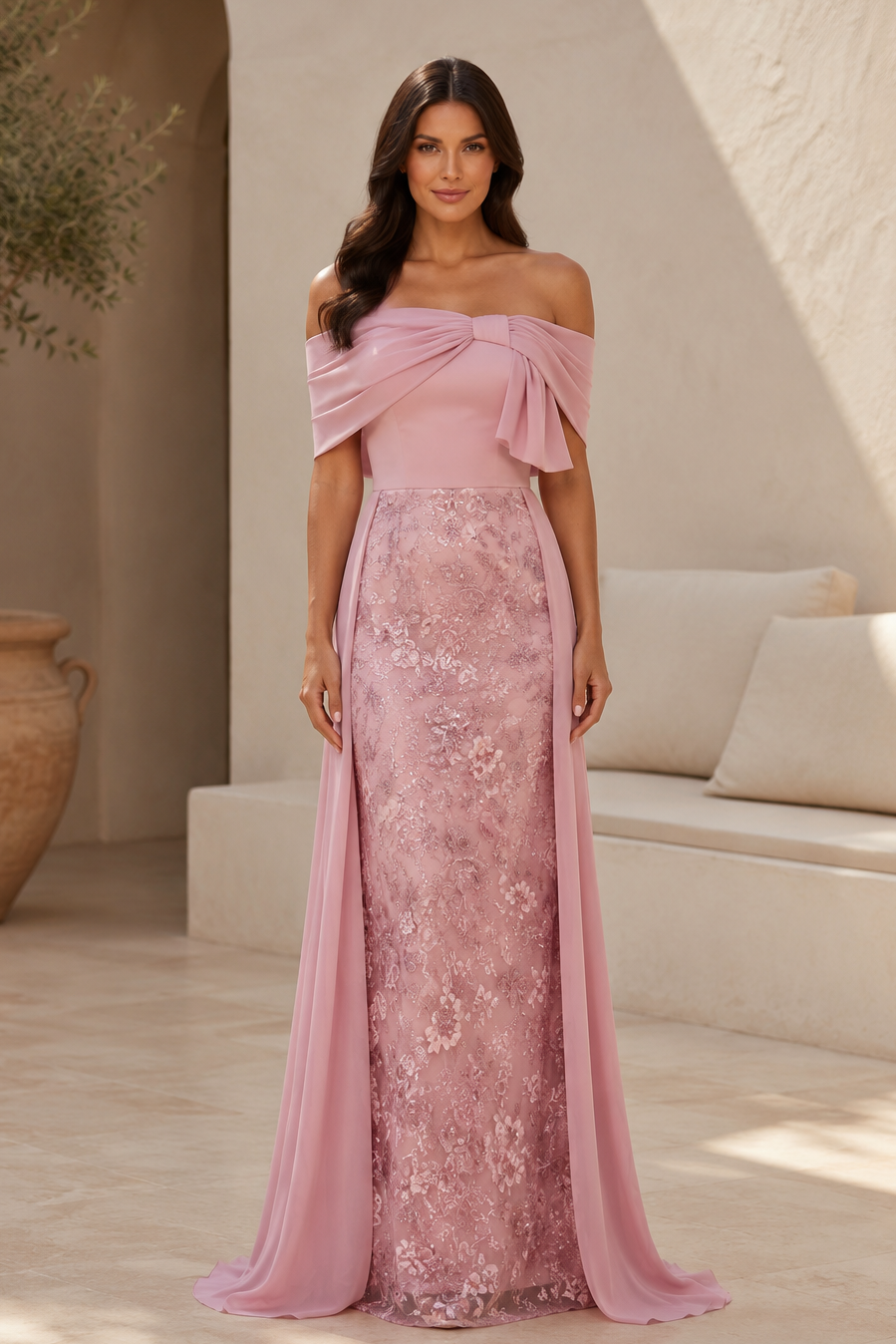 Schulterfreies Spitzenkleid mit Chiffonschleifen-Details