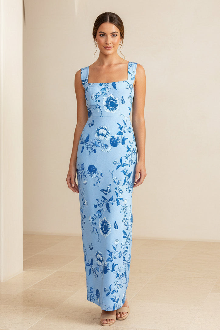 Maxikleid mit Blumenmuster, eckigem Ausschnitt und schmaler Silhouette