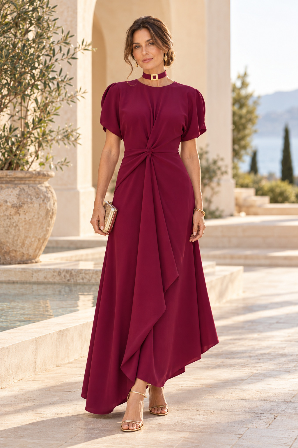 Twist-Front Flutter Sleeve High-Low Maxi Dress
