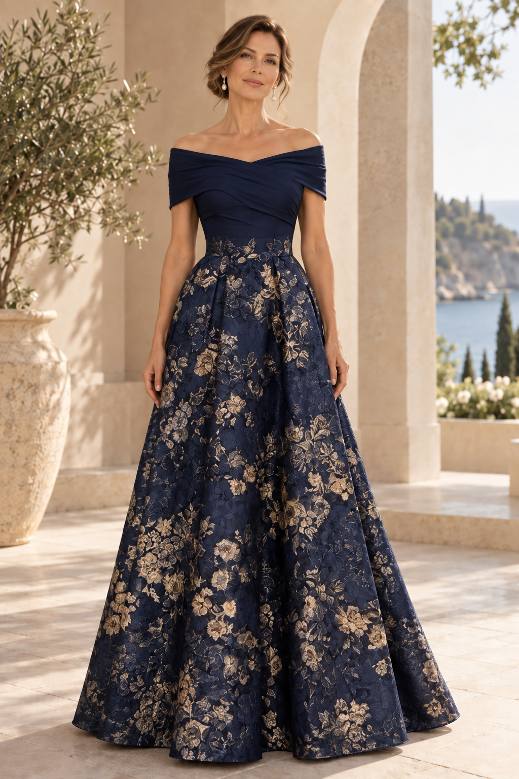 Off-the-Shoulder Brocade A-Line Evening Gown