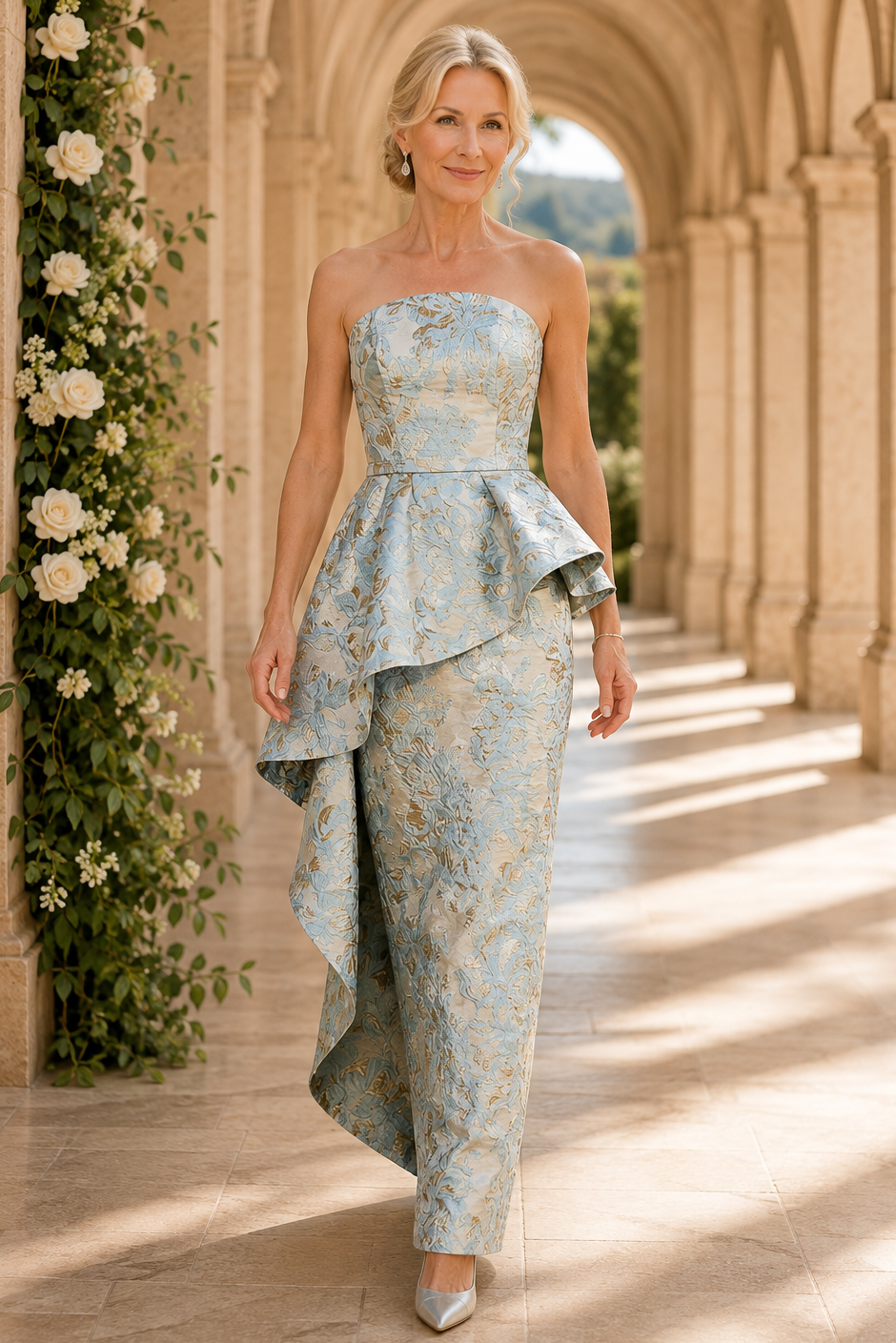 Trägerloses Jacquard-Säulenkleid mit Stufenschößchen