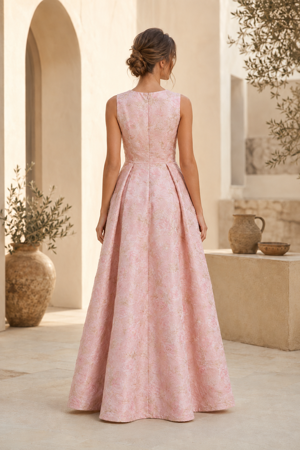 Ärmelloses Jacquard-A-Linien-Kleid mit vorderem Schlitz