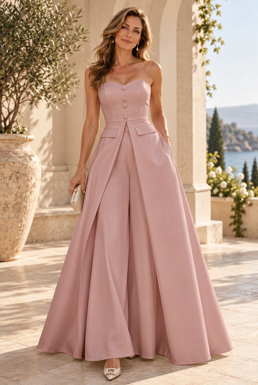 Strapless Wide-Leg Jumpsuit with Overskirt