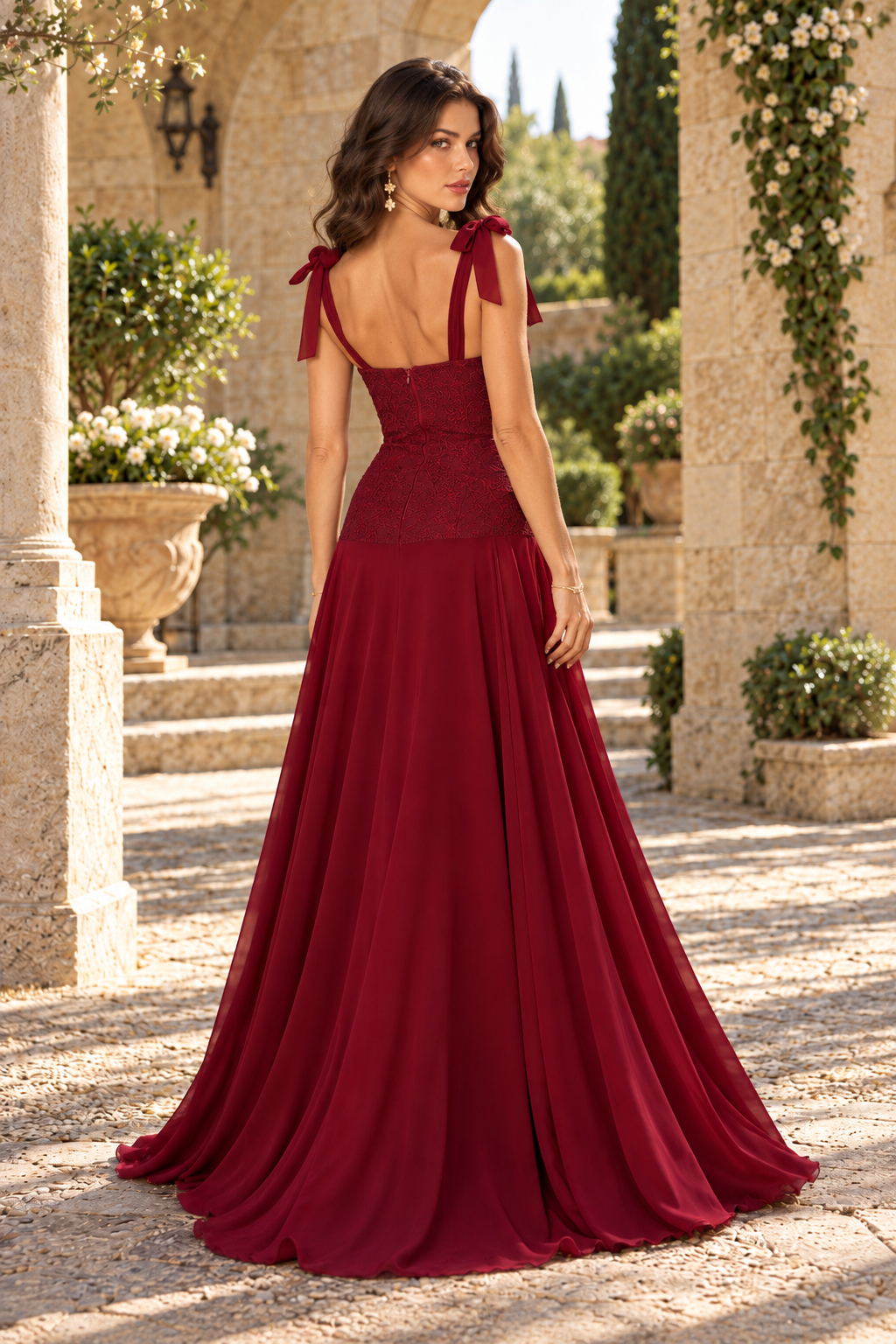 Lace Bodice Tie-Strap Chiffon Maxi Dress