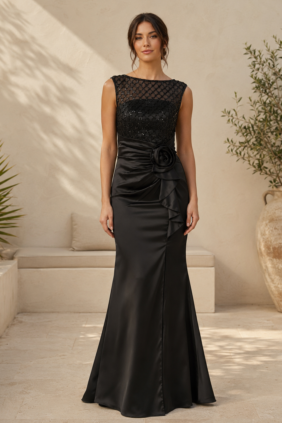 Meerjungfrauen-Abendkleid mit Illusions-Oberteil und Blumendetail