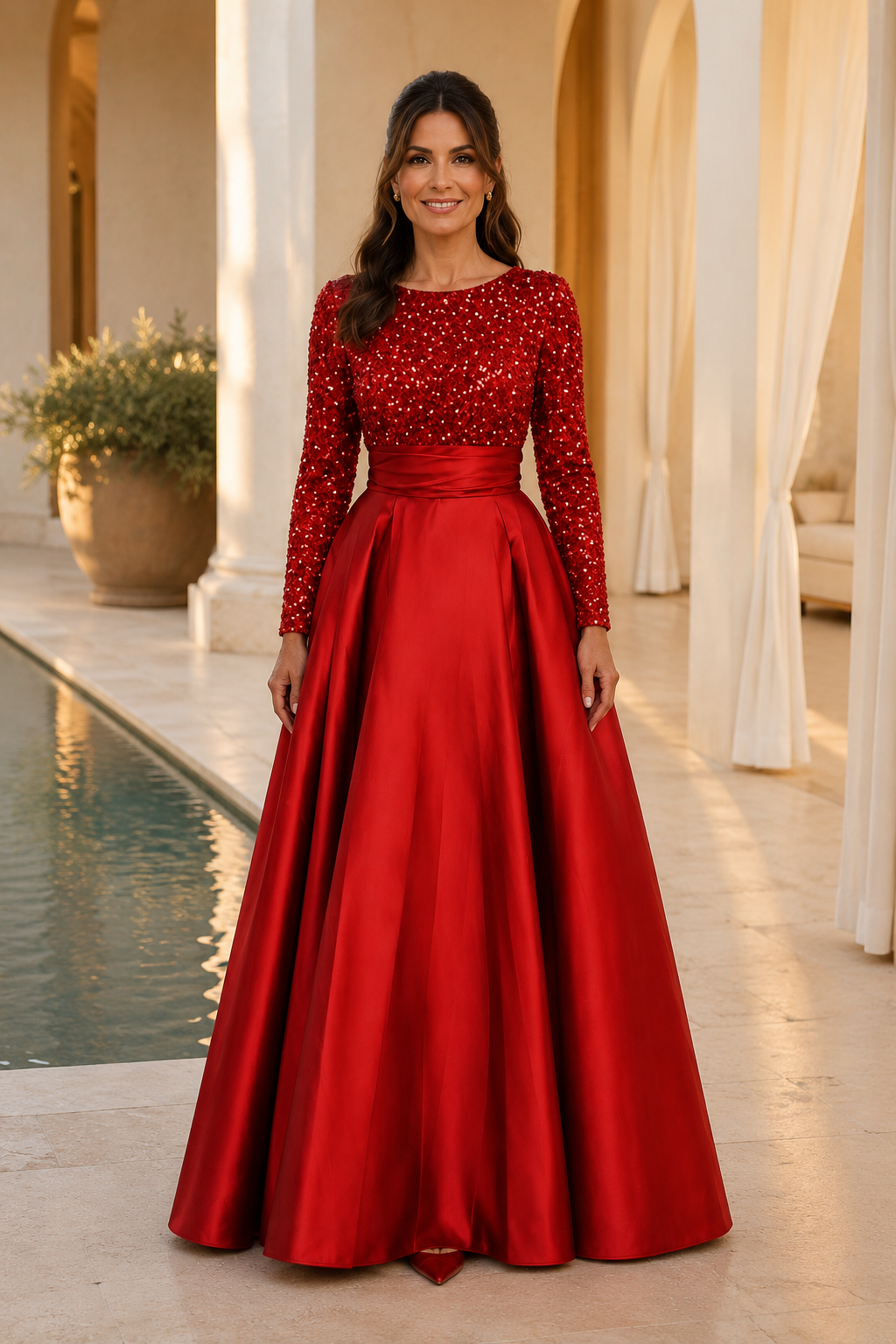 Perlenbesticktes langärmeliges Ballkleid aus plissiertem Satin