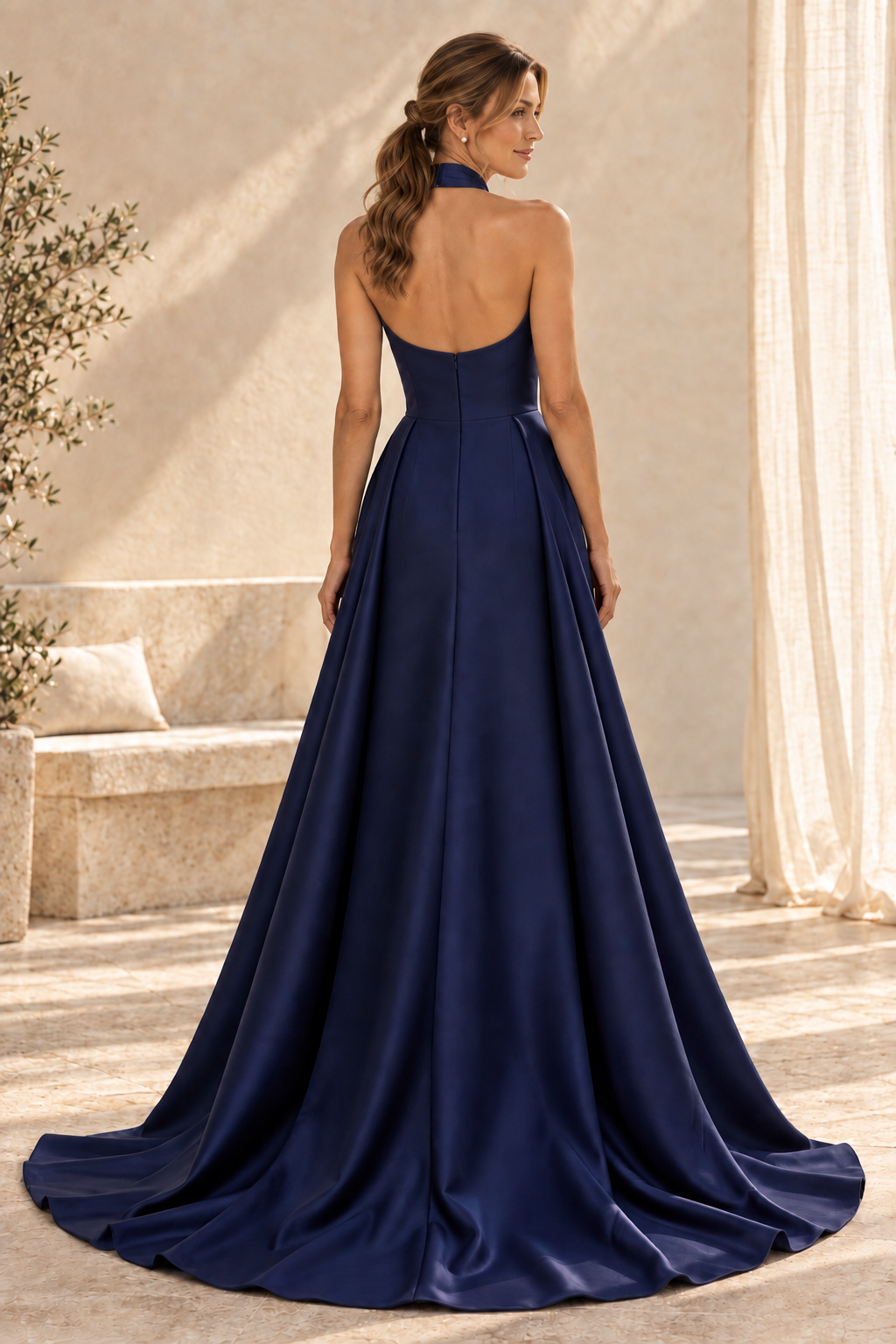Halter Cross Neck Gown with Overskirt Train