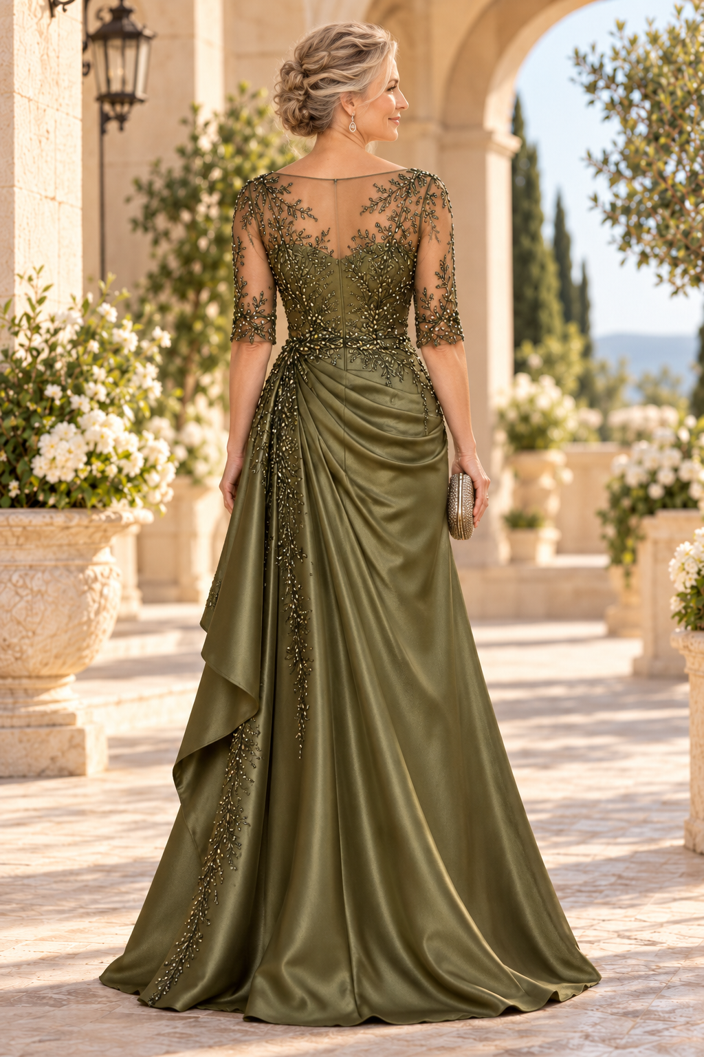 Embroidered Illusion Neckline Satin Gown