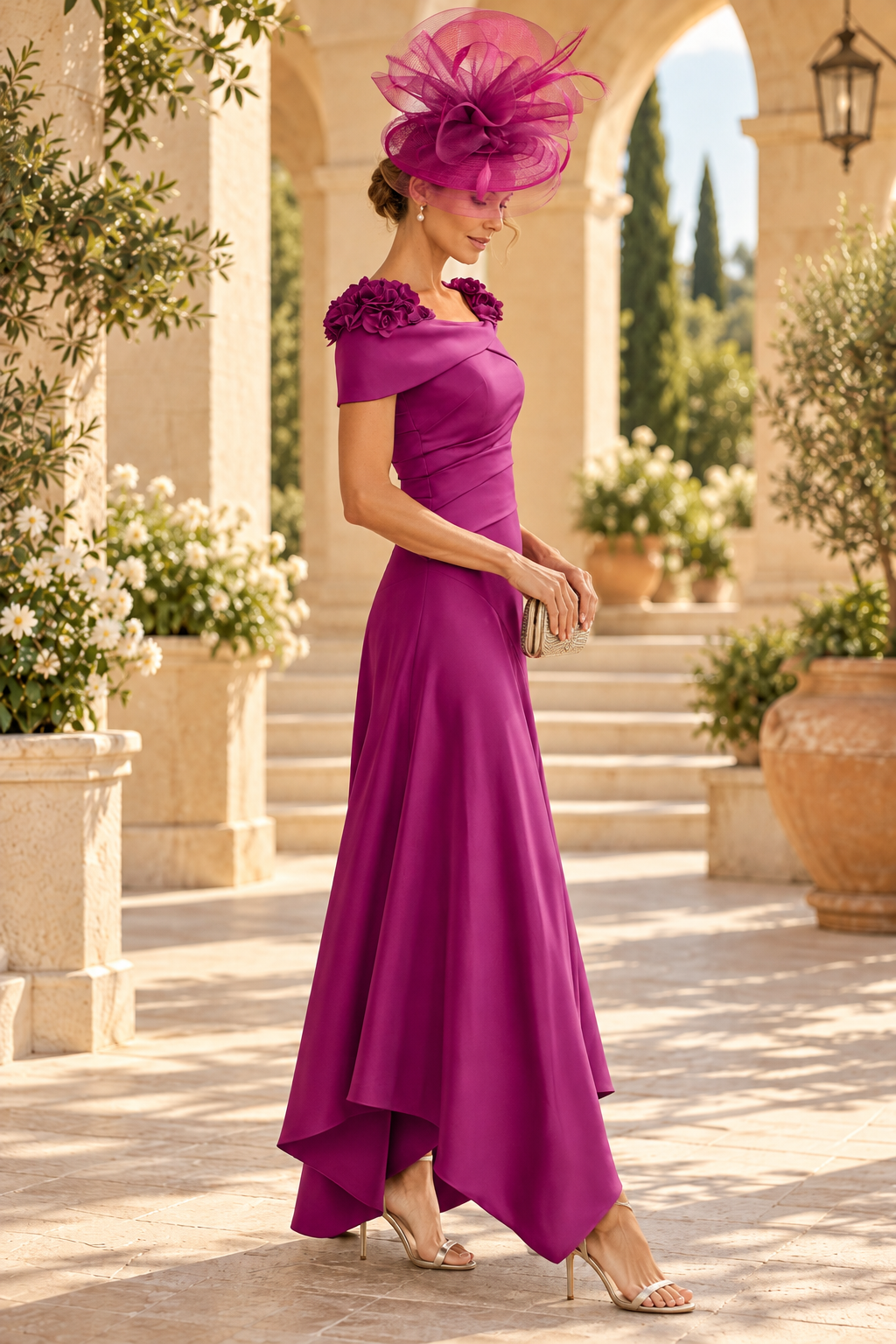 Pleated Off-the-Shoulder High-Low Gown
