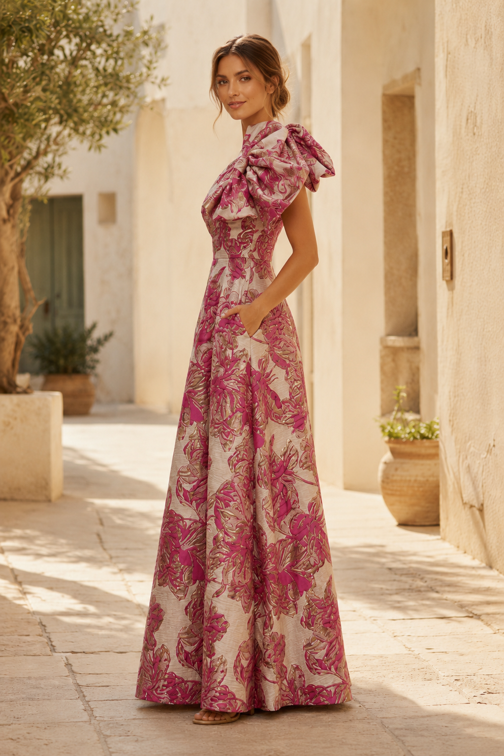Ärmelloses A-Linien-Kleid aus floralem Brokat mit One-Shoulder-Träger