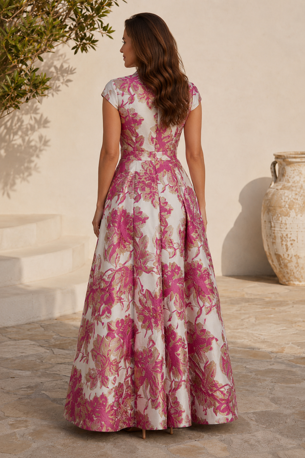 Geblümtes Jacquard-Kleid mit besticktem Etuikleid und Überrock