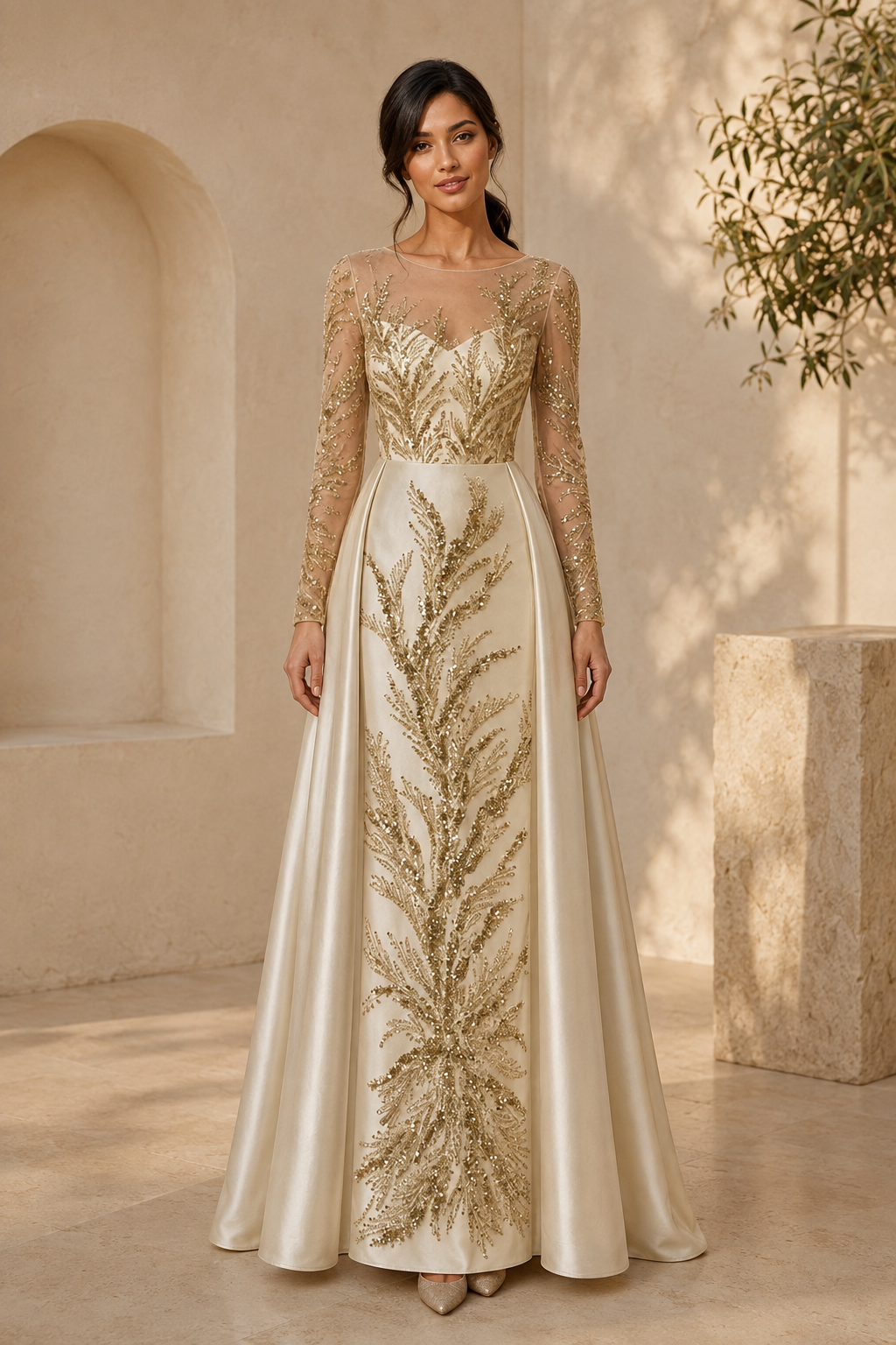 Paillettenbesetztes, langärmliges A-Linien-Abendkleid mit Illusionsausschnitt