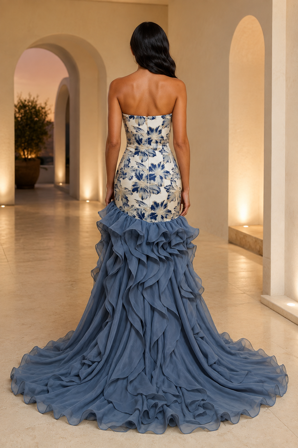Trägerloses Blumenmieder-Kleid mit gerüschtem Rock mit hohem Schlitz