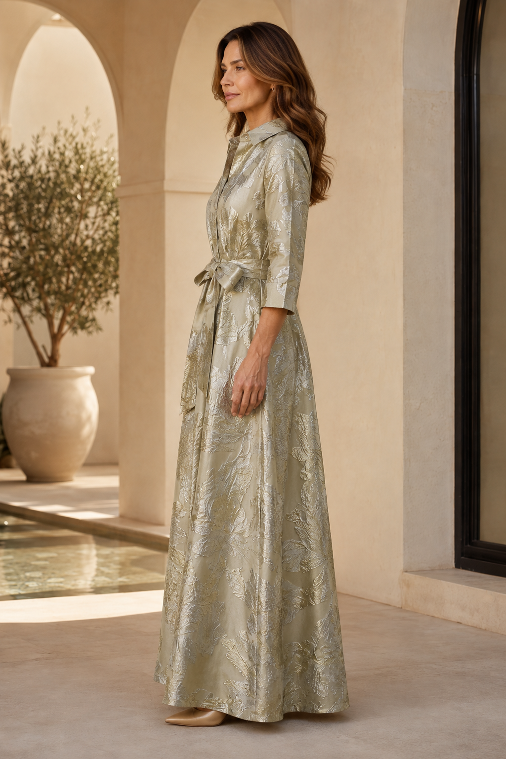 Metallic-Blumen-Jacquard-Hemdblusenkleid mit Gürtel in der Taille
