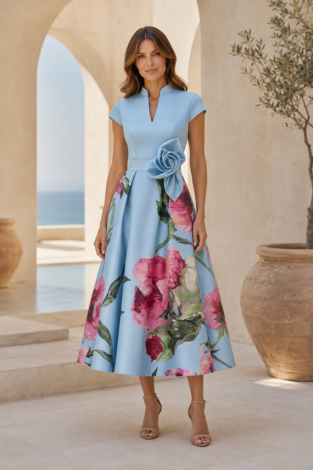 Geblümtes Fit-and-Flare Midi-Kleid mit Blumenapplikation an der Taille