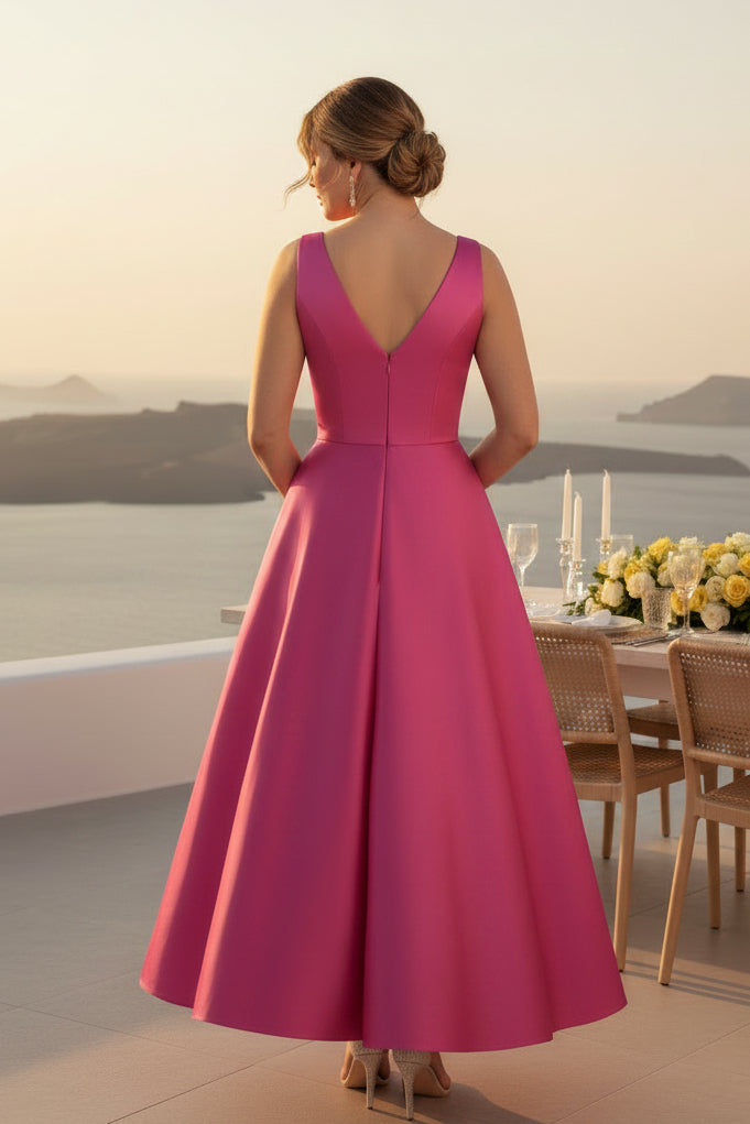 Satin-Midi-A-Linien-Kleid mit V-Ausschnitt, Schleife und Taschen