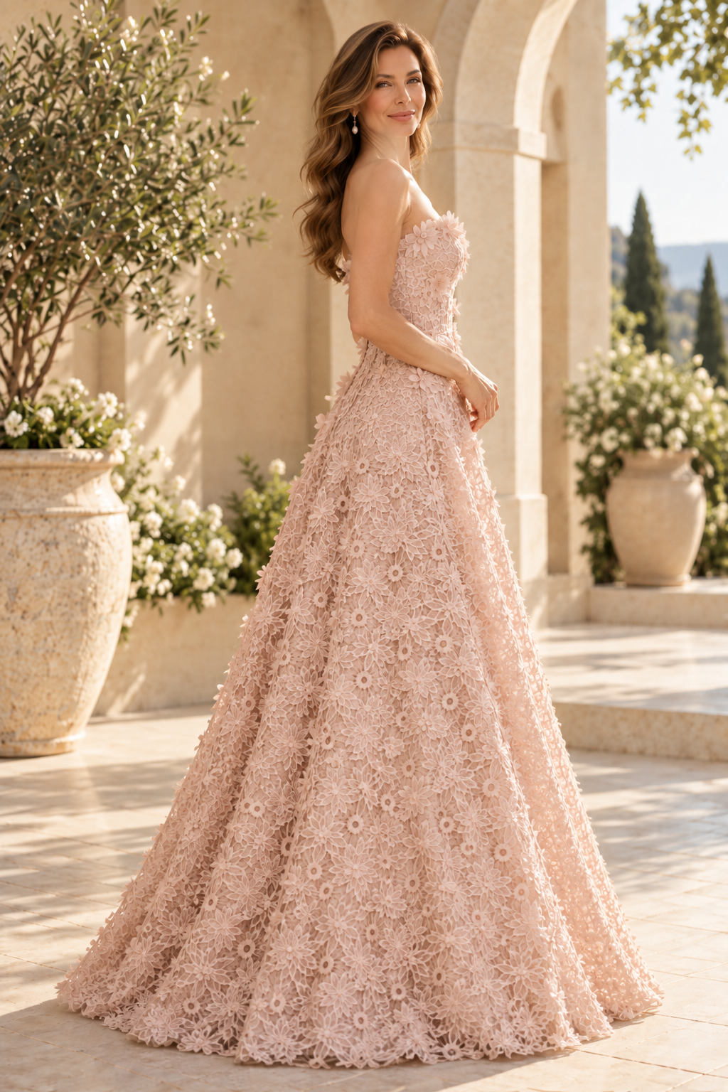 Strapless 3D Floral Lace A-Line Ball Gown