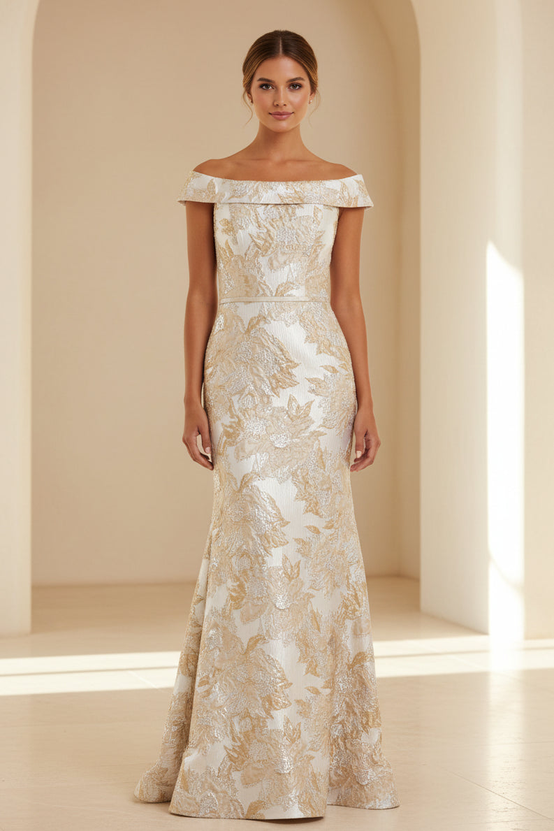 Schulterfreies Jacquard-Trompetenkleid