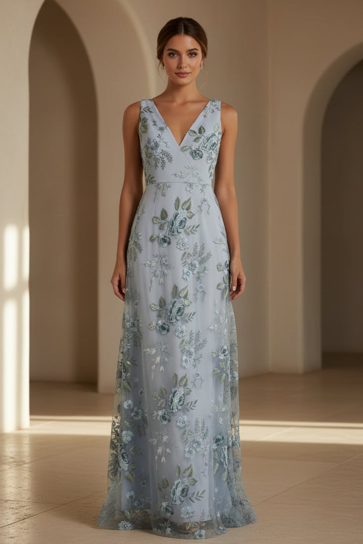 Geblümtes, besticktes A-Linien-Kleid mit V-Ausschnitt
