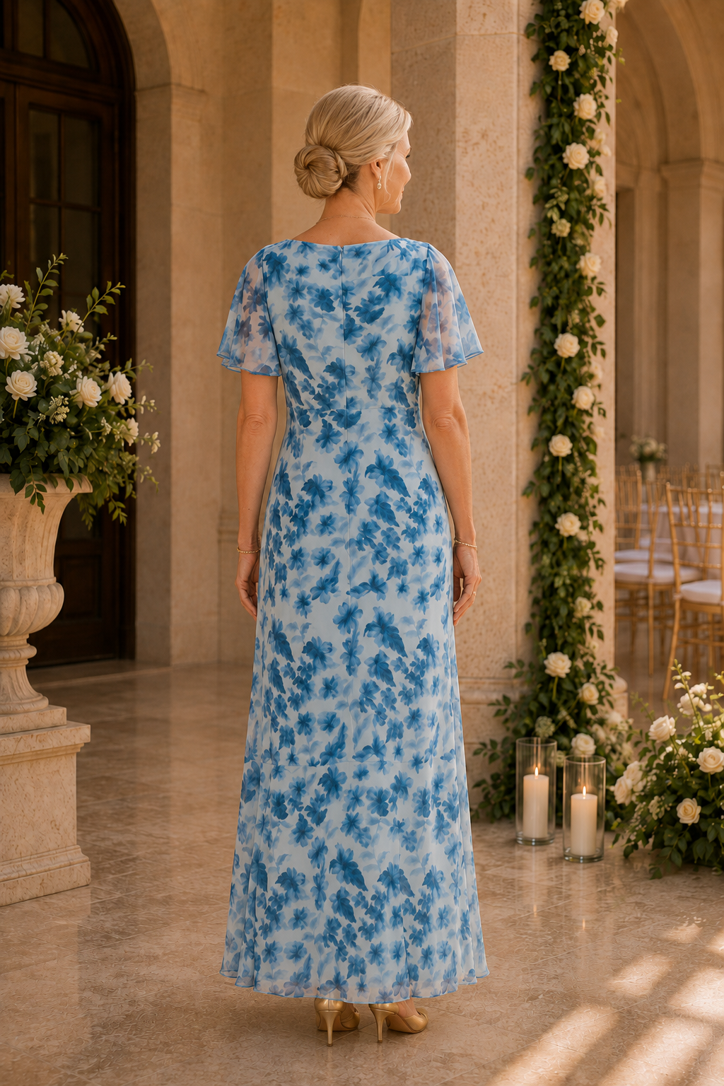 Maxikleid mit Blumenmuster, Wasserfallausschnitt und flatternden Ärmeln
