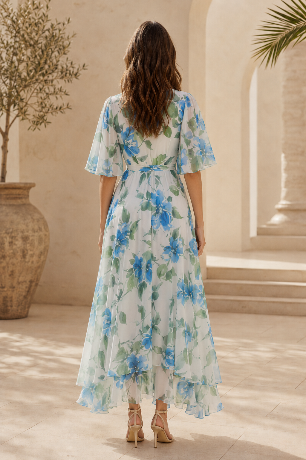 Blumen-Maxikleid mit hohen/tiefem Saum und flatternden Ärmeln