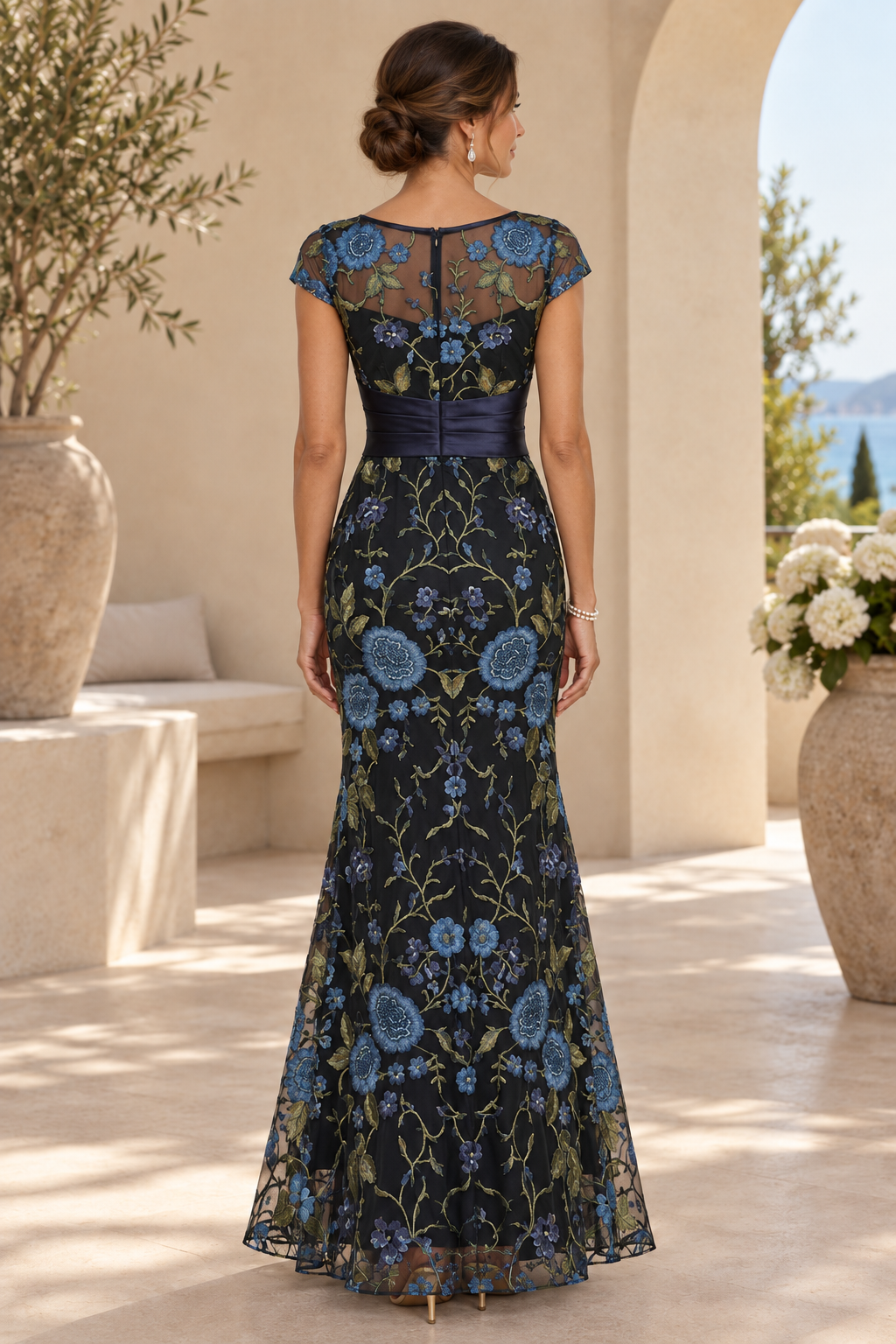 Floral Embroidered Cap Sleeve Mermaid Gown