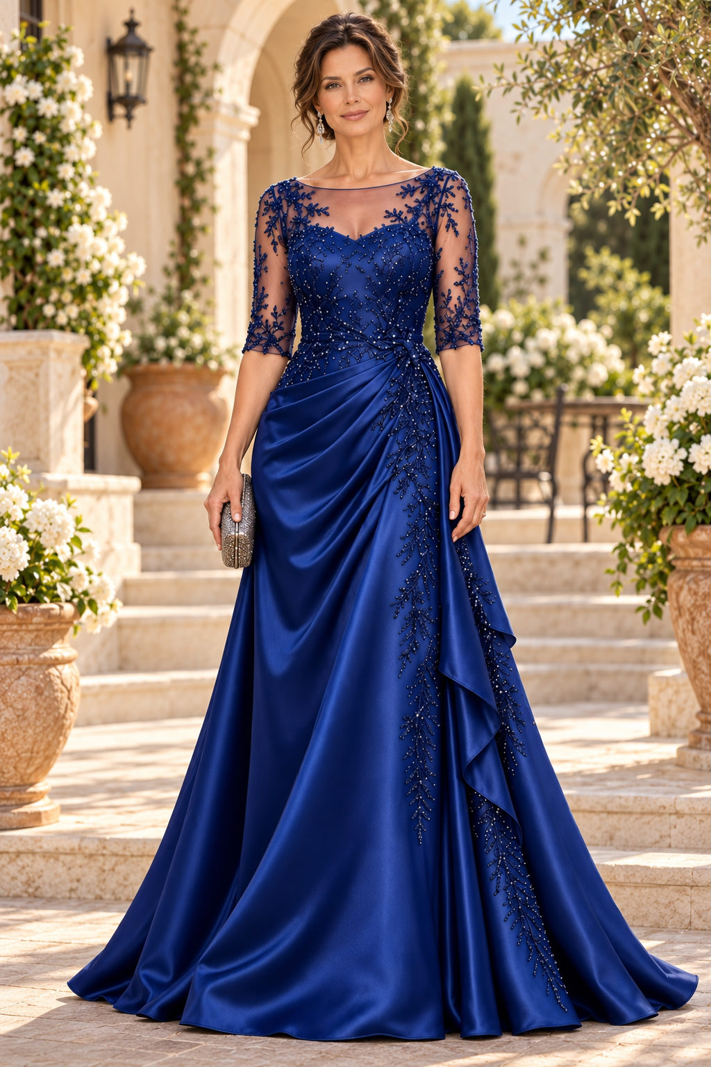 Embroidered Illusion Evening Gown with Draped Skirt