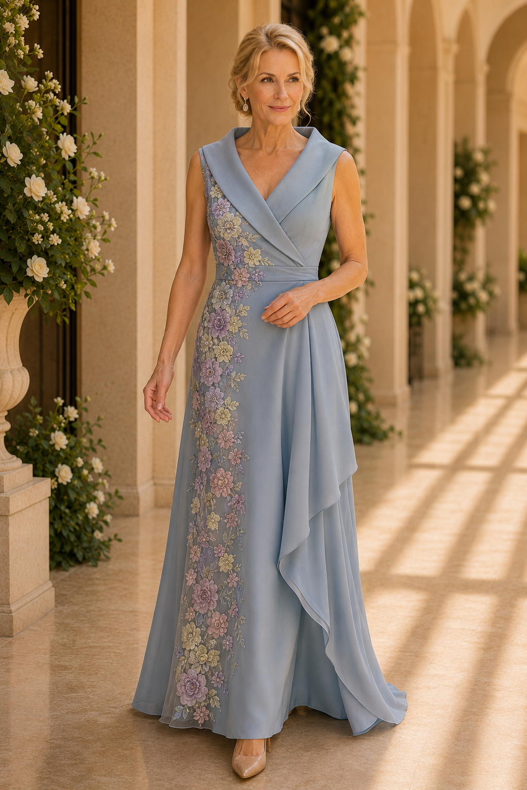 Blumenbesticktes A-Linien-Kleid mit Schalkragen