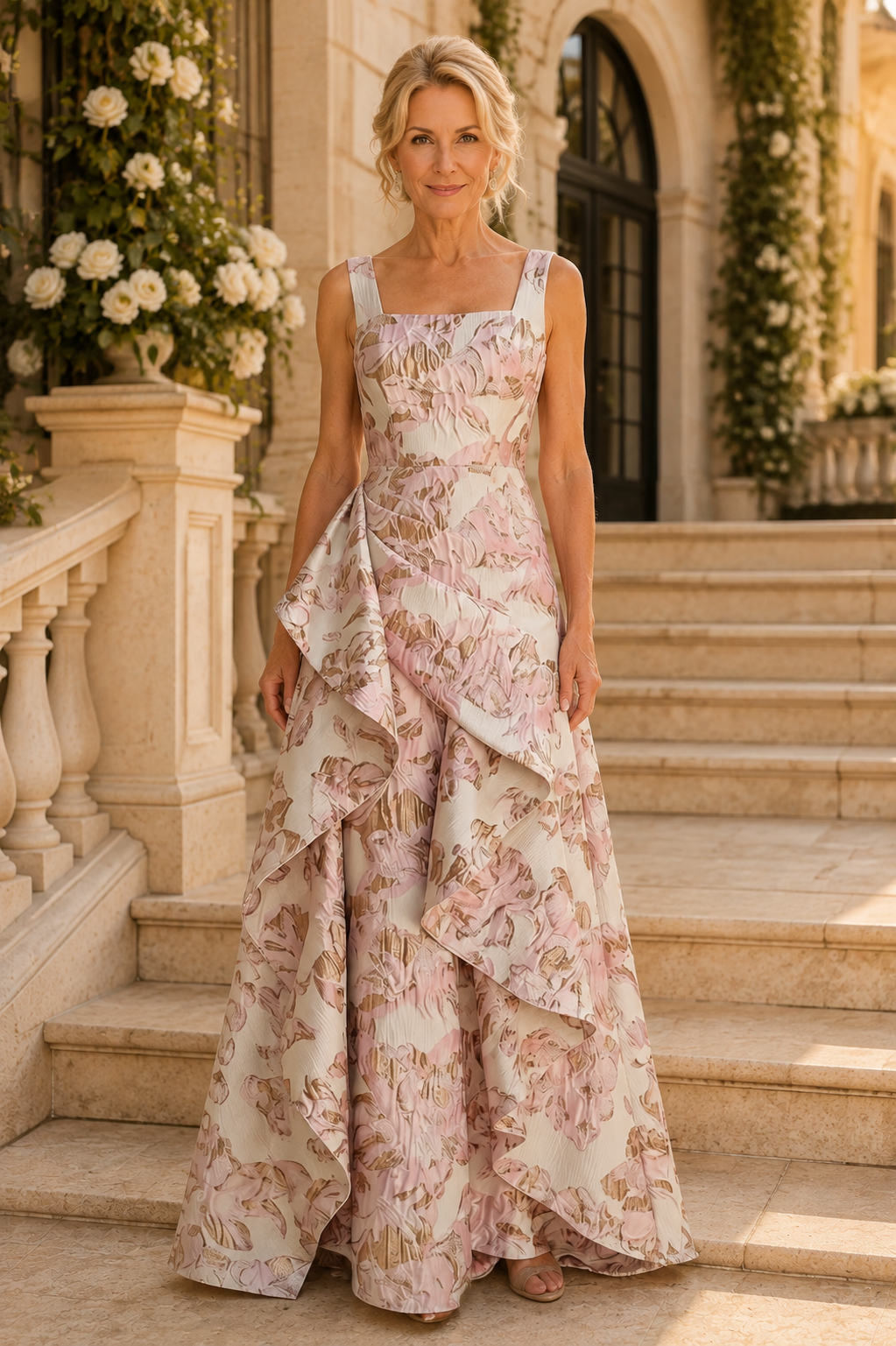 Florale Jacquard-Abendrobe mit asymmetrischem Drapé