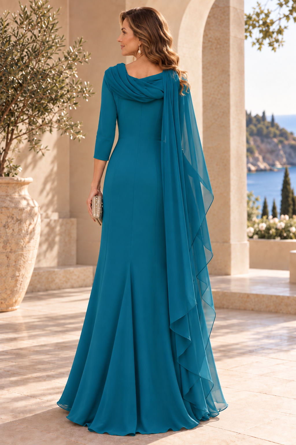 Draped Chiffon Gown with Brooch Accent